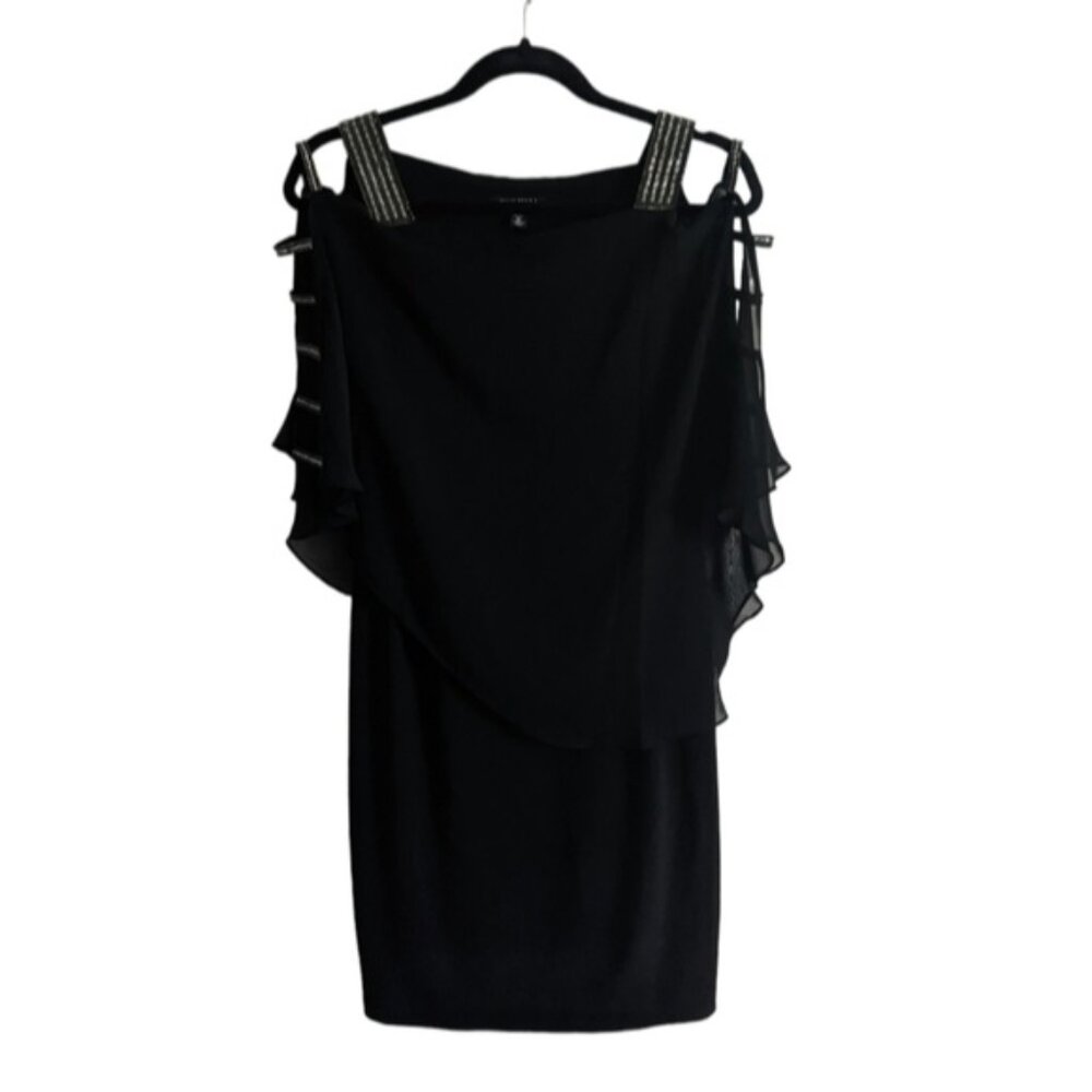 Roz & Ali Cold Shoulder Silver Embellished Black Sheer Drape Cocktail Dress MP